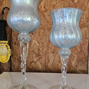 Silver Iridescent Glass Hurricane Candle Holders - Set of 2